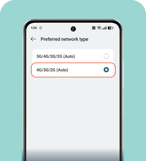 Android screen displaying the Preferred network type menu.