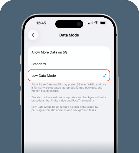 iPhone screen displaying Data Mode menu.
