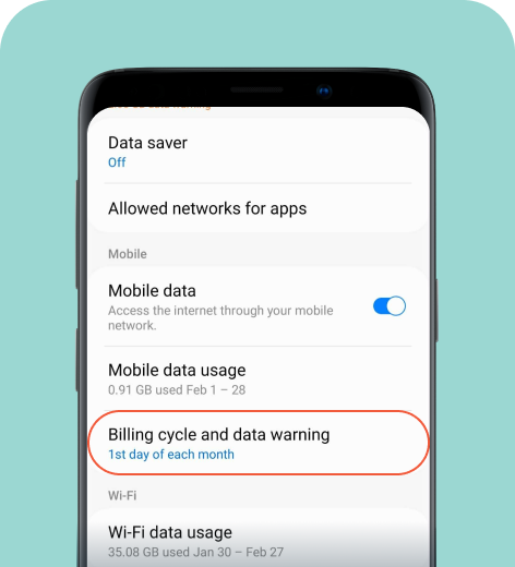 Samsung cell phone screen displaying the Data usage settings.