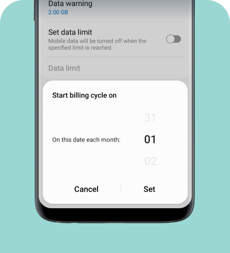 Samsung cell phone screen displaying the Billing cycle and data warning options.