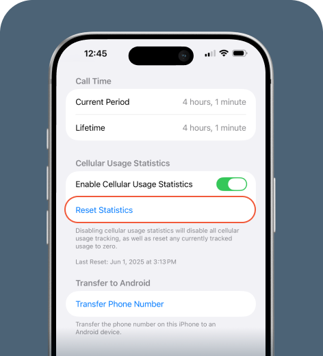 iPhone cell phone screen displaying the Cellular settings.