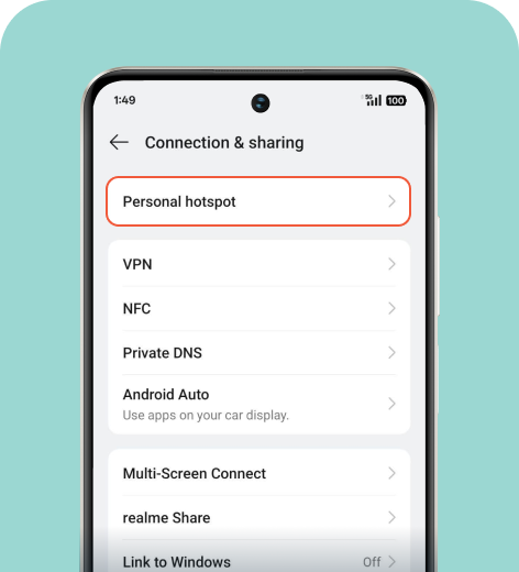 Android cell phone screen displaying the Connection & sharing menu.