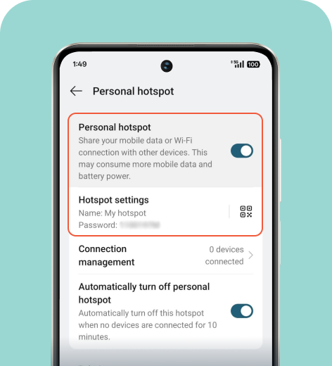 Android cell phone screen displaying the Personal hotspot settings.