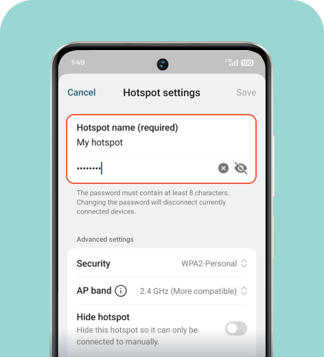 Android cell phone screen displaying the Hotspot settings menu.