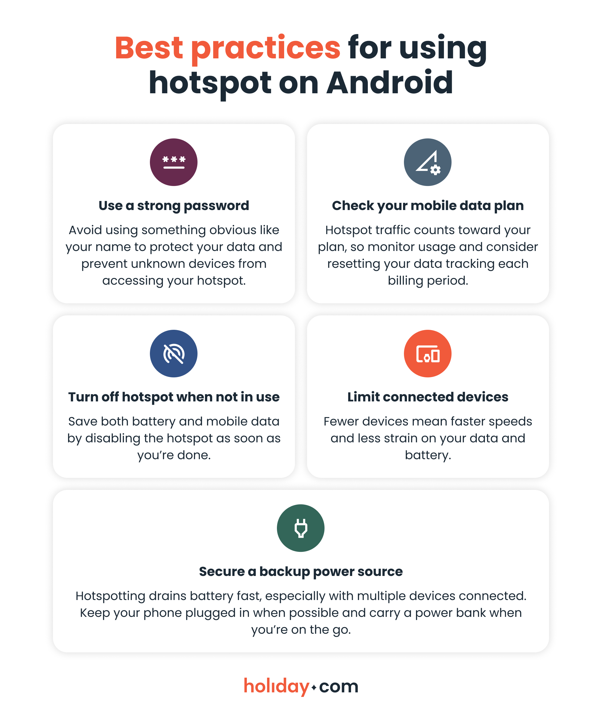 An infographic showing best practices for using the mobile hotspot feature on Android devices.