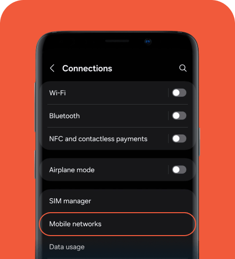 Android cell phone screen displaying the Connections menu.