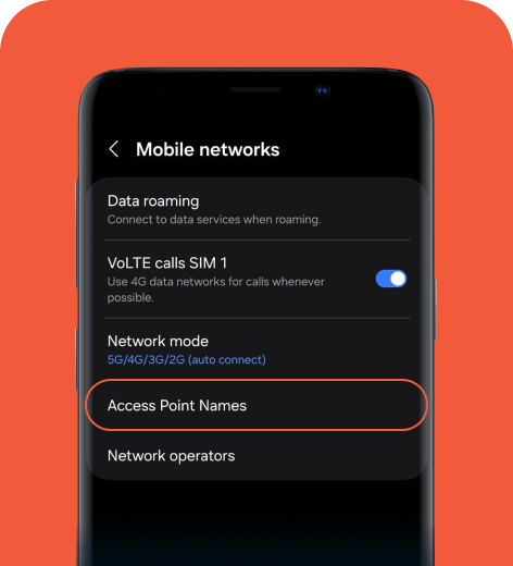 Android cell phone screen displaying the Mobile networks menu.