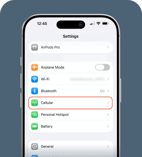 iPhone cell phone screen displaying the Settings menu.