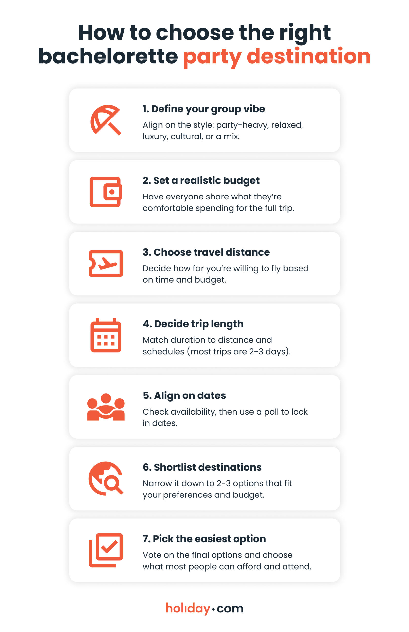 An infographic showing how to choose a bachelorette party destination, step by step.